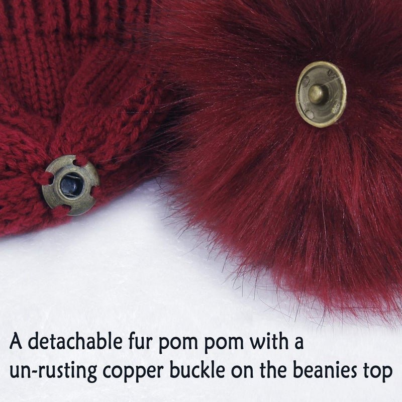 Double Couple Womens Scarf Beanie Hat with Faux Fur Ball Set Thick Winter Cable Knitted Circle Loop Infinity Scarfs for Women (Burgundy Pom Pom Set) - Image 4